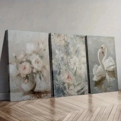 3pcs Romantic Swan and Floral Wall Art Set Canvas Unframed - High Quality Print 100% Australian Made Wall Canvas