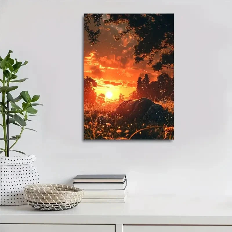 Vibrant Sunset Scene with Elephant Rolling Painting 40x60cm Metal Print Ready to Hang - Bella Home Decor
