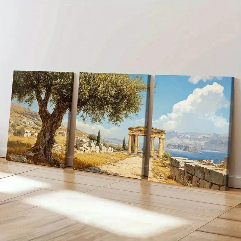 3pcs Mediterranean Landscape Blue Sky Wall Art Set Canvas Framed 50x70cm - High Quality Print 100% Australian Made Wall Canvas Ready to Hang - Bella Home Decor