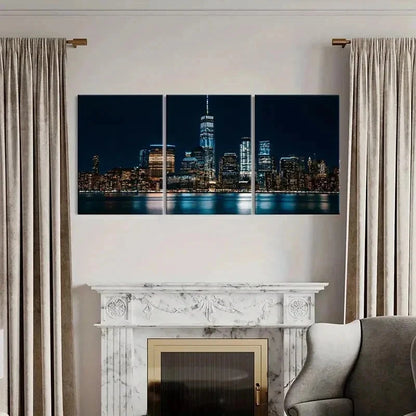 3pcs New York City at Night Modern Wall Art Set Canvas Framed 50x70cm - High Quality Print 100% Australian Made Wall Canvas Ready to Hang