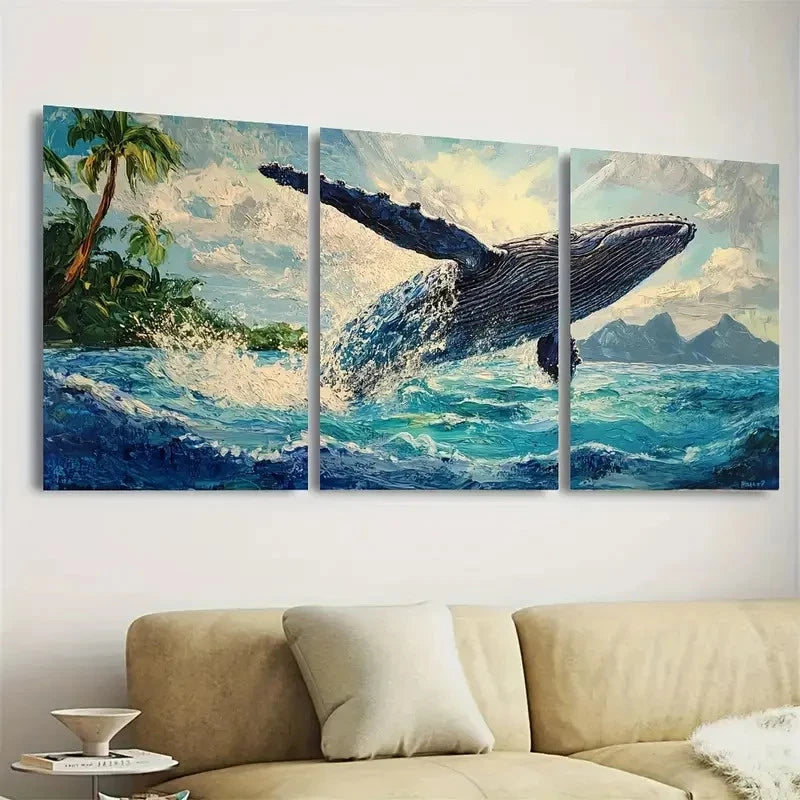 3pcs Bora Bora Whale, Breaching Humpback Wall Art Set Canvas Framed 40x60cm - High Quality Print 100% Australian Made Wall Canvas Ready to Hang - Bella Home Decor