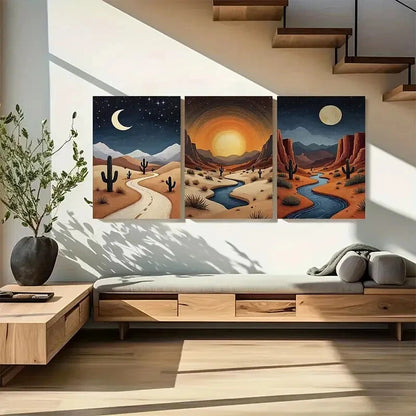 3pcs Night Skies River and Moon Boho Earth Tone Metal Print Ready to Hang Art - Bella Home Decor