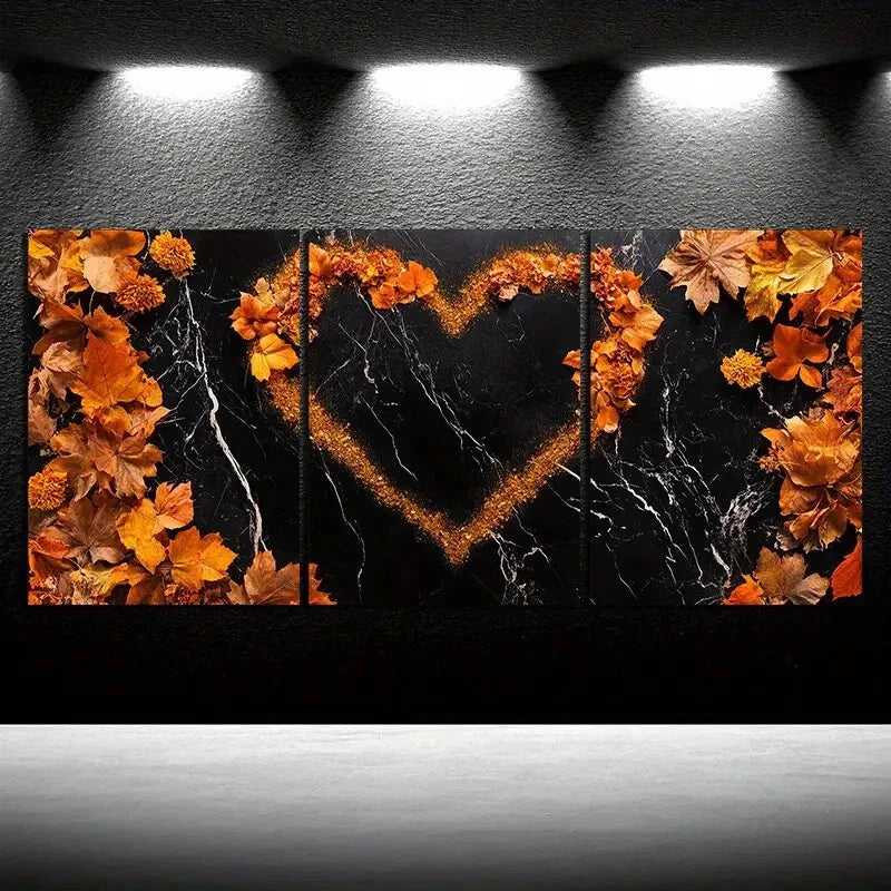 3pcs Love Made of Leaves Black & Golden Metal Print Ready to Hang Art - Bella Home Decor