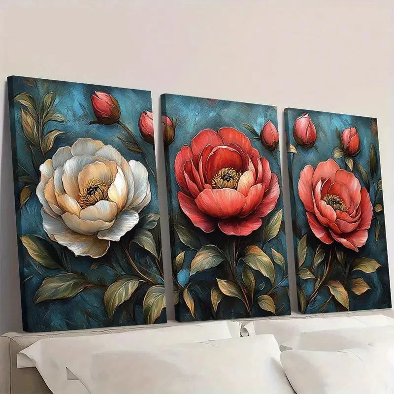3pcs Elegant Peony Vibrant Floral Wall Art Set Canvas Framed 60x90cm - High Quality Print 100% Australian Made Wall Canvas Ready to Hang