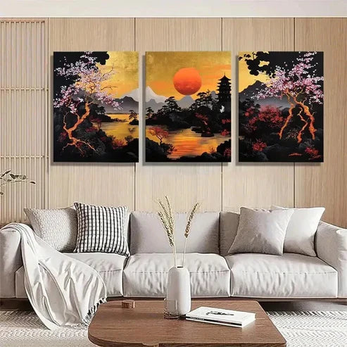 3pcs Japanese Sunset Landscape Golden Wall Art Canvas Unframed - High Quality Print 100% Australian Made Wall Canvas