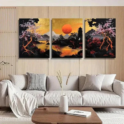 3pcs Japanese Sunset Landscape Golden Wall Art Canvas Unframed - High Quality Print 100% Australian Made Wall Canvas