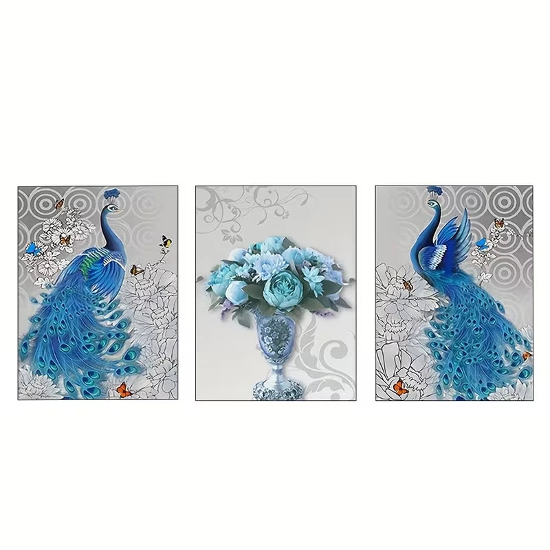 3pcs Blue Peacock Elegant Flower Bouquet Vase  Wall Art Set Canvas Framed 50x70cm - High Quality Print 100% Australian Made Wall Canvas Ready to Hang - Bella Home Decor