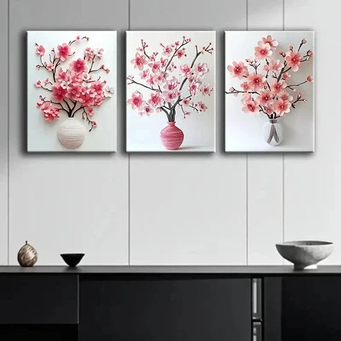3pcs Cherry Blossom In Vase Painting  Wall Art Set Canvas Unframed - High Quality Print 100% Australian Made Wall Canvas - Bella Home Decor