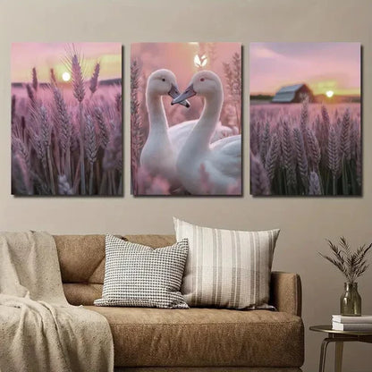 3pcs Sunset Swans & Purple Wheat Field Decor Wall Art Set Canvas Unframed - High Quality Print 100% Australian Made Wall Canvas