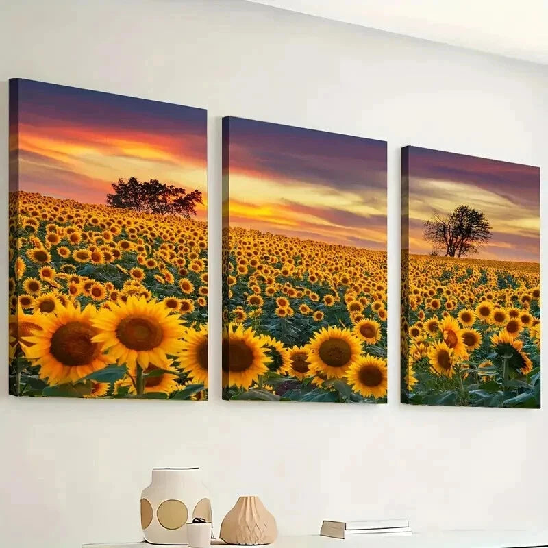3pcs Sunflower Field Sunset Décor Perfect Wall Art Set Canvas Framed 40x60cm - High Quality Print 100% Australian Made Wall Canvas Ready to Hang - Bella Home Decor