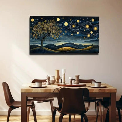 Dining room with a large wall art piece of a tree with stars and planets above a table.