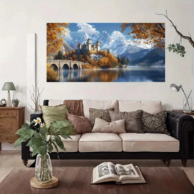 Mountains Stone Bridge Castle Wall Art Canvas Office Home Room Framed 120x60cm