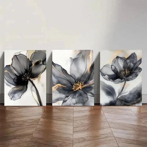 3pcs Black And Golden Abstract Flower Wall Art Set Canvas Unframed - High Quality Print 100% Australian Made Wall Canvas