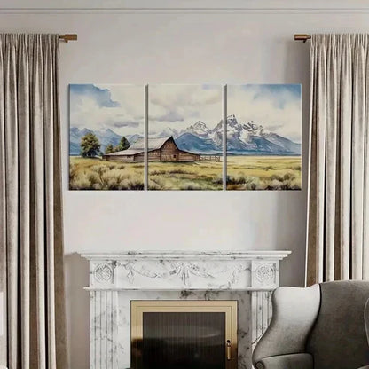 3pcs Mountain Barn Rustic Landscape Snowy Peak Wall Art Canvas Unframed - High Quality Print 100% Australian Made Wall Canvas