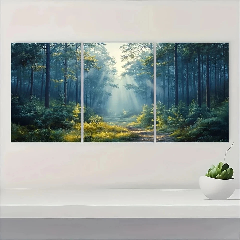 3pcs Foggy Forest Sunlight Filtering Trees Wall Art Set Canvas Framed 60x90cm - High Quality Print 100% Australian Made Wall Canvas Ready to Hang - Bella Home Decor