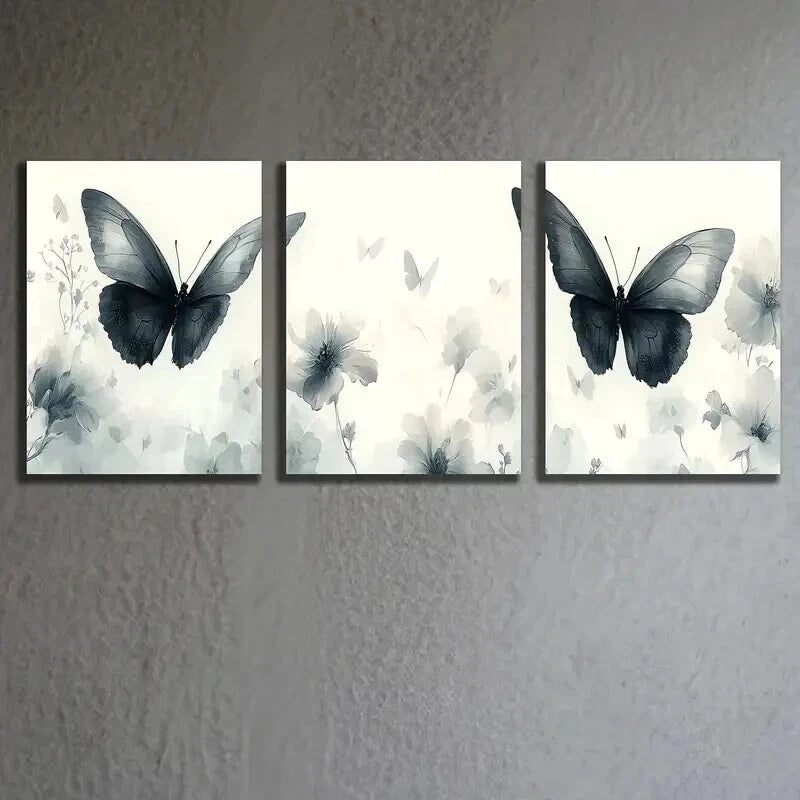 3pcs Black Butterfly & White Flowers Decor Wall Art Set Canvas Framed 50x70cm - High Quality Print 100% Australian Made Wall Canvas Ready to Hang - Bella Home Decor