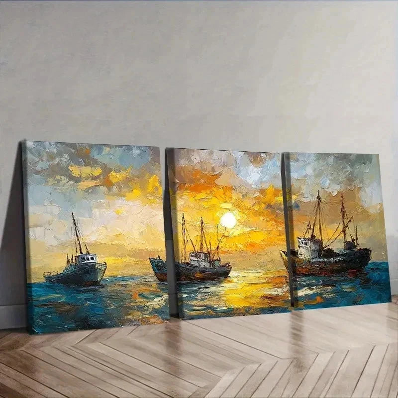 3pcs Vibrant Sunset Boats Scene Decor Wall Art Set Canvas Framed 50x70cm - High Quality Print 100% Australian Made Wall Canvas Ready to Hang