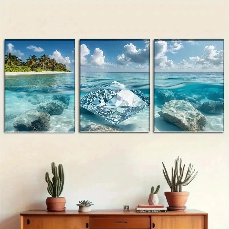 3pcs Underwater Diamond with Tropical Perfect Wall Art Set Canvas Framed 60x90cm - High Quality Print 100% Australian Made Wall Canvas Ready to Hang - Bella Home Decor