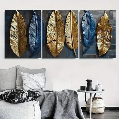 3pcs Metallic Blue Golden Feather Leaf Metal Print Ready to Hang Art