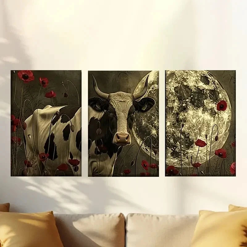 3pcs Cow & Floral Scene with Moonlit Night Wall Art Set Canvas Framed 40x60cm - High Quality Print 100% Australian Made Wall Canvas Ready to Hang - Bella Home Decor