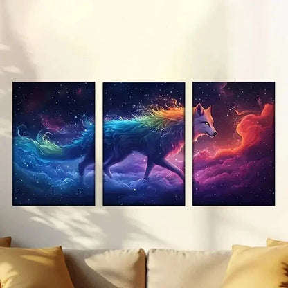 3pcs A Wolf with a Colorful Mane in the Sky Wall Art Canvas - High Quality Print 100% Australian Made Wall Canvas - Bella Home Decor