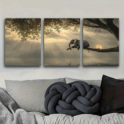 3pcs Elephant on Tree Branch Wall Art Set Canvas Framed 60x90cm - High Quality Print 100% Australian Made Wall Canvas Ready to Hang