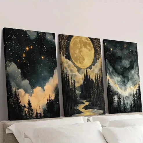 3pcs The Woods Under the Moonlight & Stars Wall Art Canvas Unframed - High Quality Print 100% Australian Made Wall Canvas