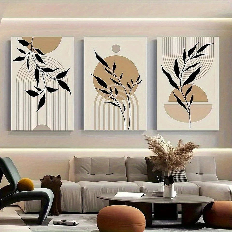 3pcs Abstract Black Leaf Line Geometric Pattern Metal Print Ready to Hang Art - Bella Home Decor