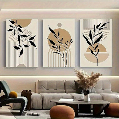 3pcs Abstract Black Leaf Line Geometric Pattern Metal Print Ready to Hang Art - Bella Home Decor