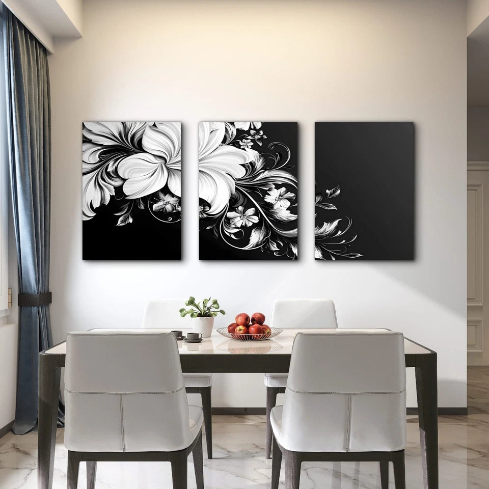 3pcs Three Panel White Blossoms On Black Wall Art Set Canvas Framed 40x60cm - High Quality Print 100% Australian Made Wall Canvas Ready to Hang - Bella Home Decor