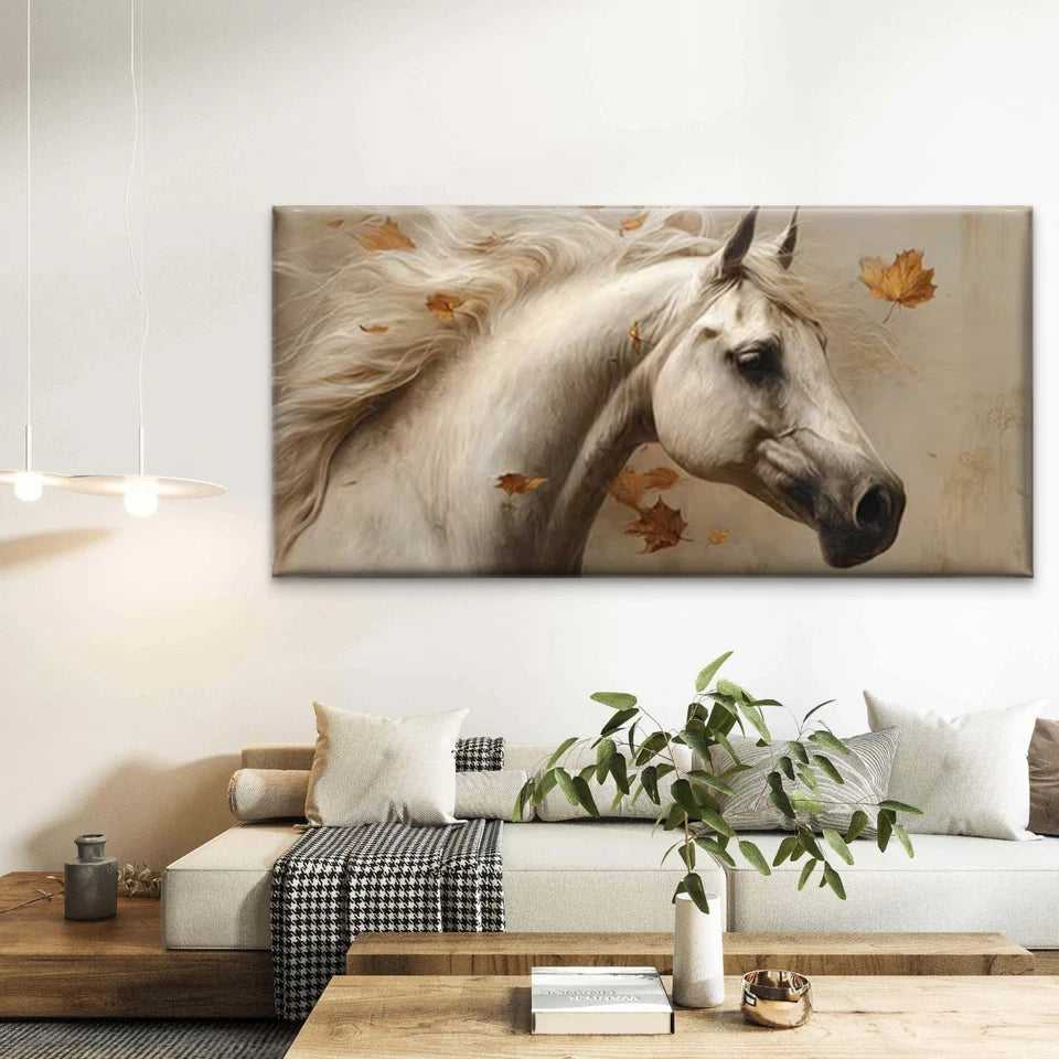 White Horse & Autumn Leaves Wall Art Canvas Office Home Room Framed 120x60cm