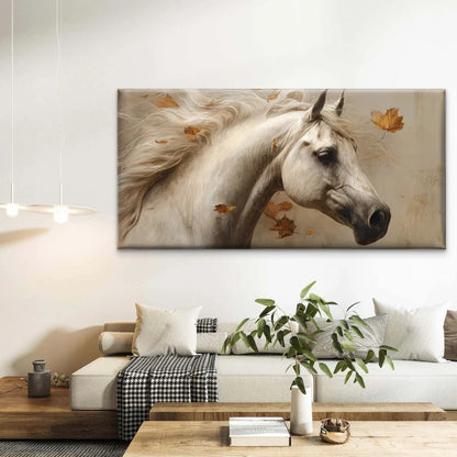 White Horse & Autumn Leaves Wall Art Canvas Office Home Room Framed 120x60cm
