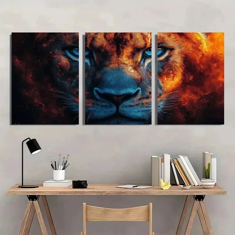 3pcs Lion with Fiery Orange & Blue Hues Wall Art Set Canvas Framed 50x70cm - High Quality Print 100% Australian Made Wall Canvas Ready to Hang