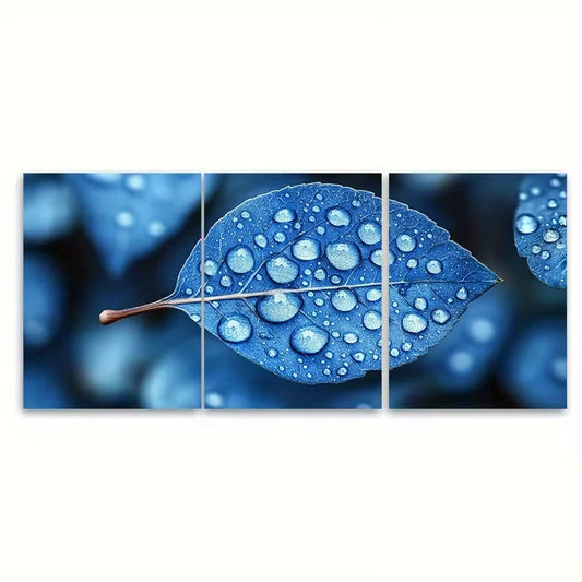 3pcs Water Droplets on Blue Skeleton Leaf Metal Print Ready to Hang Art