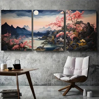 3pcs Cherry Blossom Moonlit Japanese Wall Art Set Canvas Framed 60x90cm - High Quality Print 100% Australian Made Wall Canvas Ready to Hang - Bella Home Decor