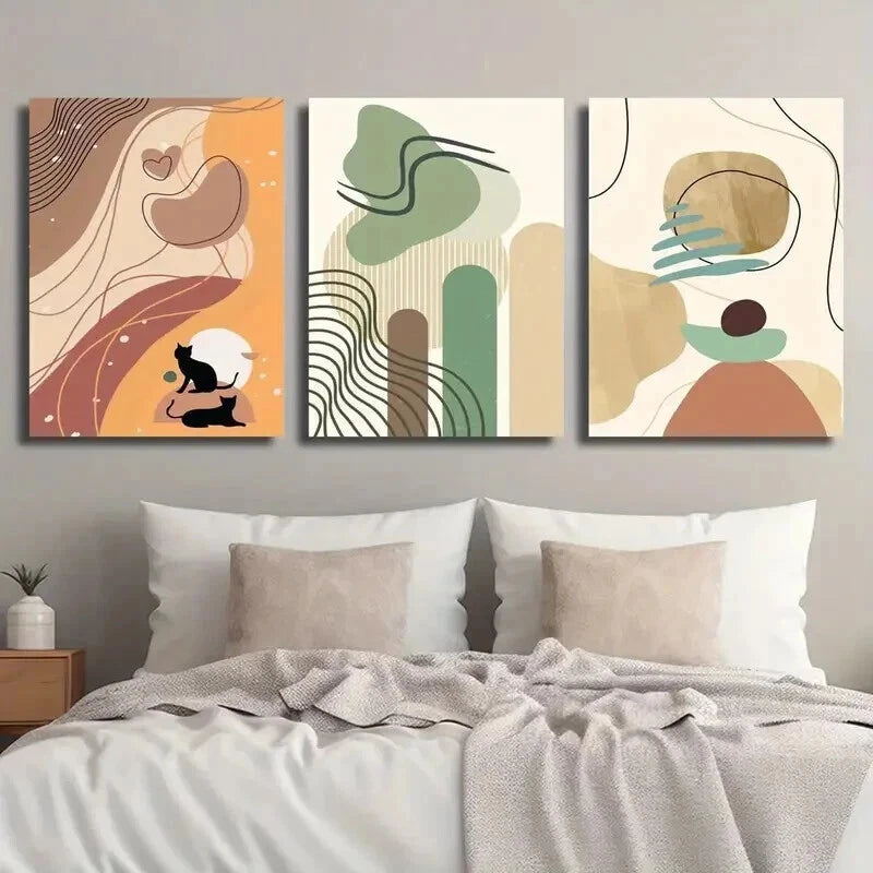3pcs Animal Cat Illustration Stylish Perfect Wall Art Set Canvas Framed 50x70cm - High Quality Print 100% Australian Made Wall Canvas Ready to Hang - Bella Home Decor