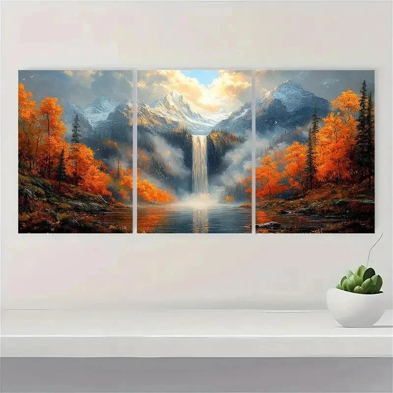3pcs Autumn Waterfall Misty Mountain Perfect Wall Art Set Canvas Framed 60x90cm - High Quality Print 100% Australian Made Wall Canvas Ready to Hang - Bella Home Decor