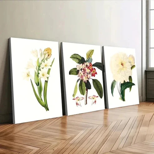 3pcs White Red Florals Green Leaves Rose Yellow Wall Art Canvas Unframed - High Quality Print 100% Australian Made Wall Canvas