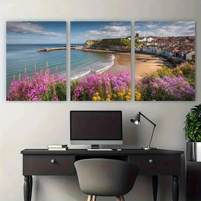 3pcs Whitby Posters Travel Coastal Decor Perfect Wall Art Set Canvas Framed 50x70cm - High Quality Print 100% Australian Made Wall Canvas Ready to Hang