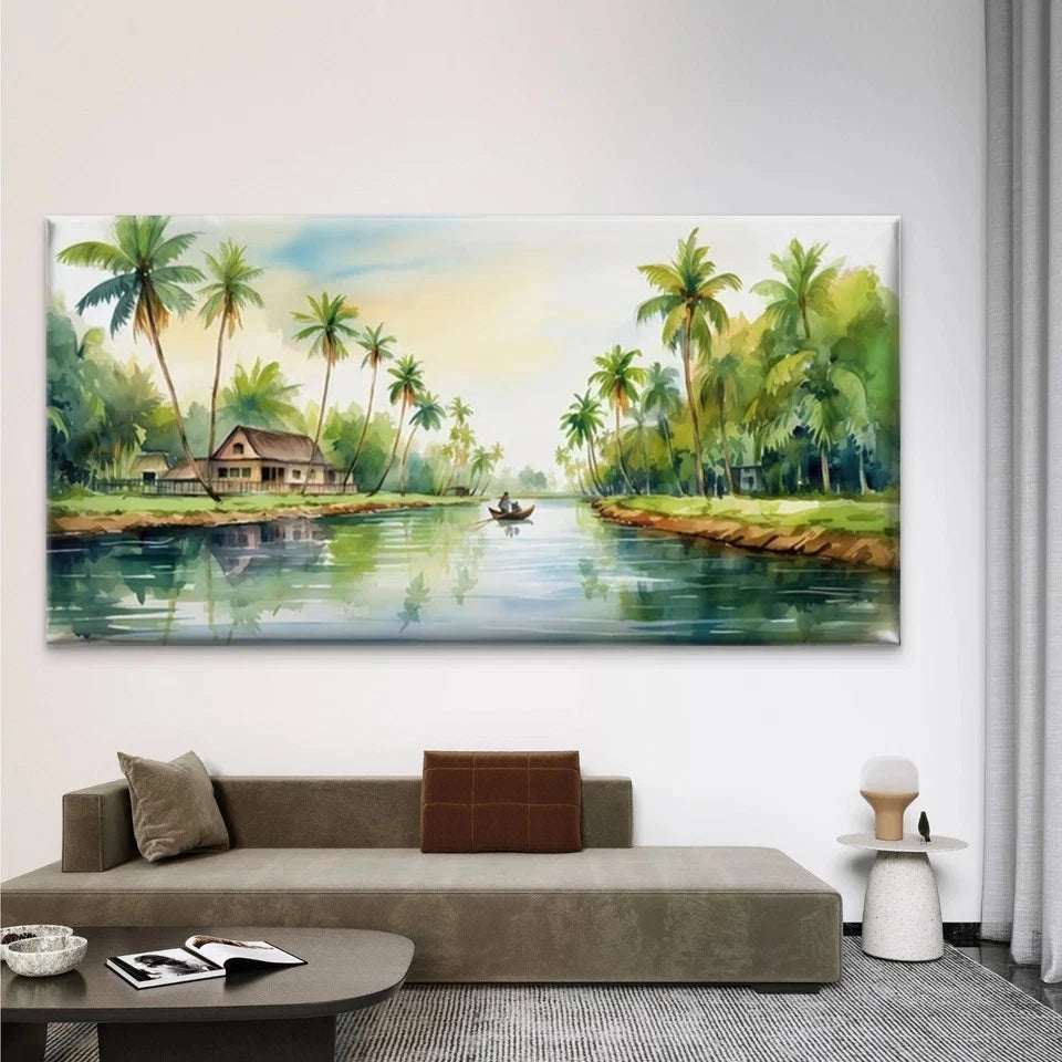 Tropical Palm Tree & River Wall Art Canvas Office Home Room Framed 120x60cm