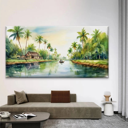 Tropical Palm Tree & River Wall Art Canvas Office Home Room Framed 120x60cm