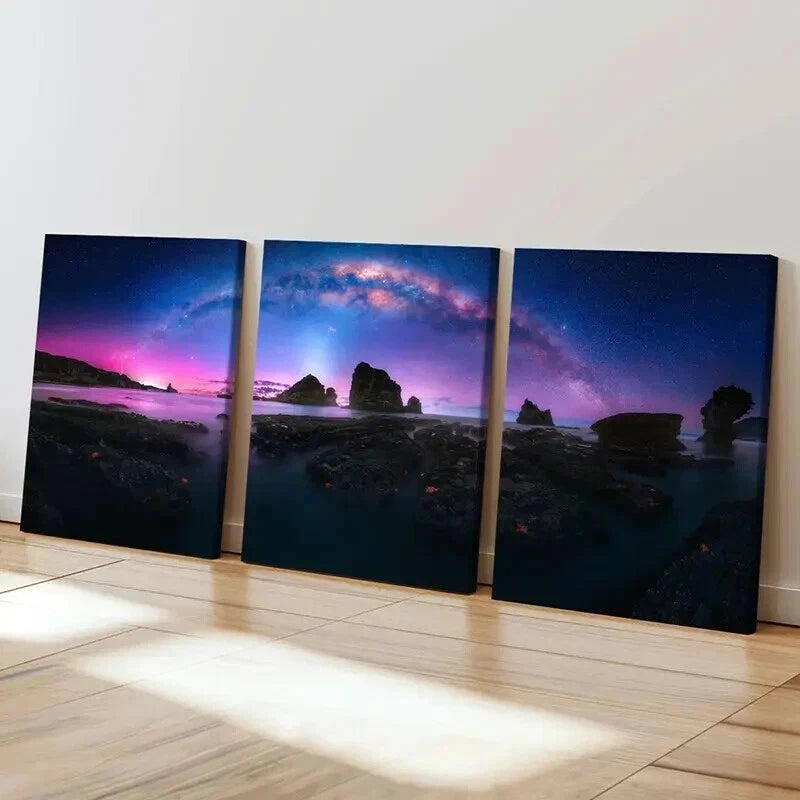 3pcs Natural Landscape Aurora Black Rocks Wall Art Set Canvas Framed 60x90cm - High Quality Print 100% Australian Made Wall Canvas Ready to Hang - Bella Home Decor