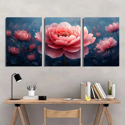 3pcs Large Floral with Dark Navy Blue Painting   Wall Art Set Canvas Framed 50x70cm - High Quality Print 100% Australian Made Wall Canvas Ready to Hang