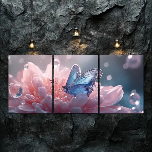 3pcs Elegant Blue Butterfly Pink Flower Perfect Wall Art Set Canvas Unframed - High Quality Print 100% Australian Made Wall Canvas