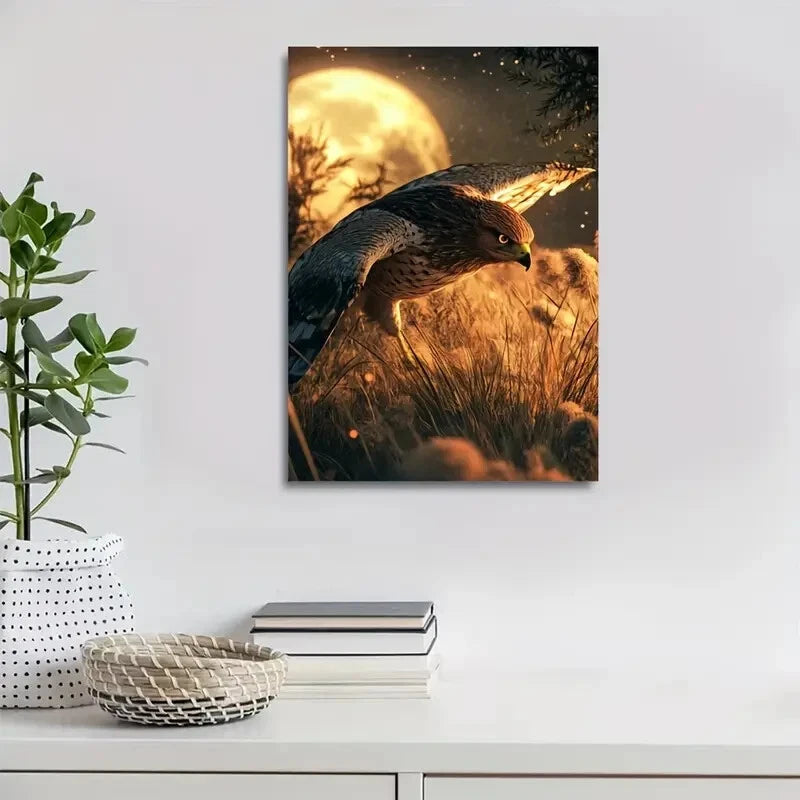 Fantasy Hawk in Flight at Moonlit Savannah Painting 40x60cm Metal Print Ready to Hang - Bella Home Decor