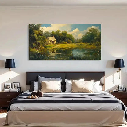 Countryside Pond Scene Décor Wall Art Canvas Office Home Room Framed 120x60cm - Bella Home Decor