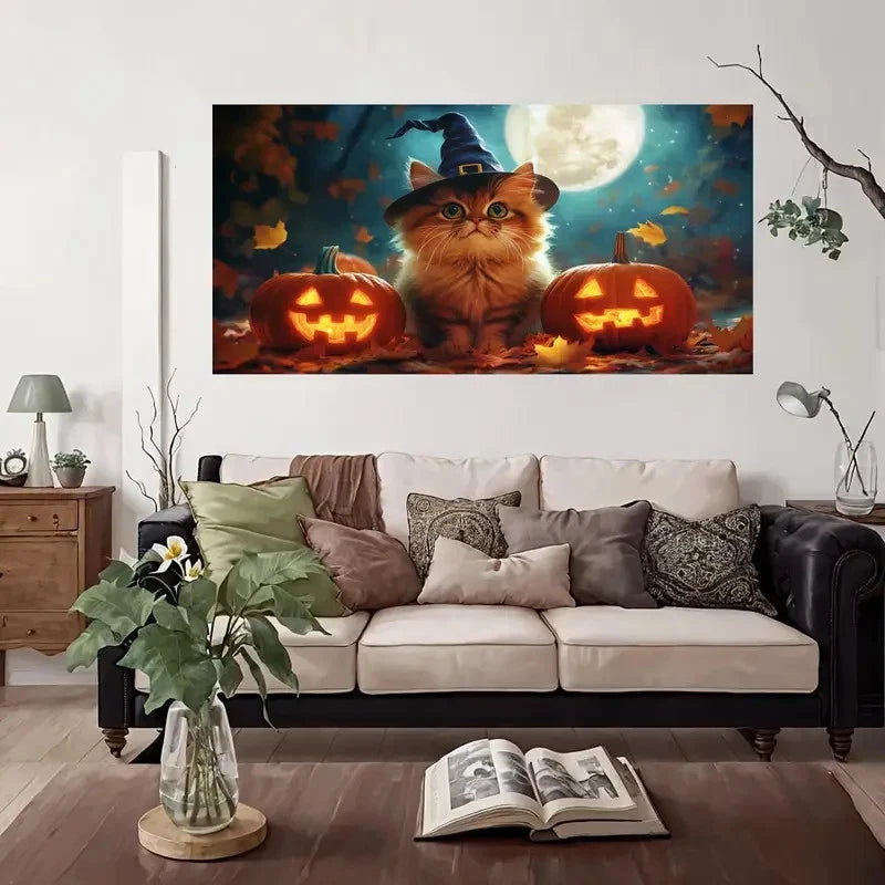 Pumpkin Cat Cute Gothic Wall Art Canvas Office Home Room Framed 120x60cm