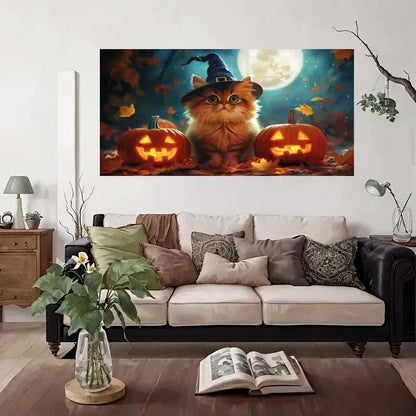 Pumpkin Cat Cute Gothic Wall Art Canvas Office Home Room Framed 120x60cm