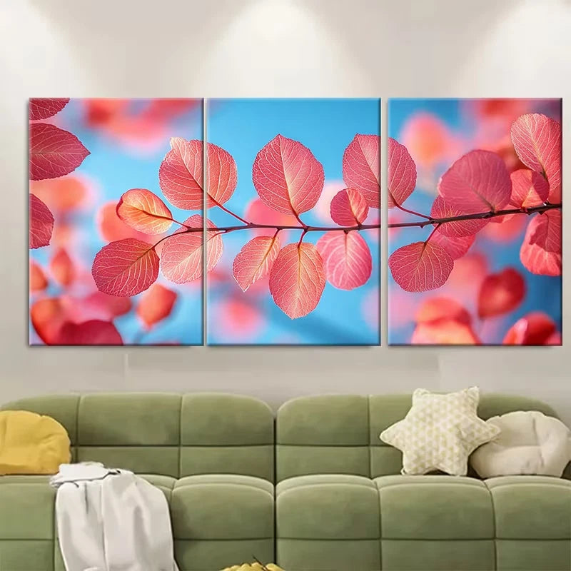 3pcs Pink Leaves Against Bright Blue Sky Metal Print Ready to Hang Art