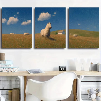 3pcs Grazing Sheep & Cottage Nature Metal Print Ready to Hang Art